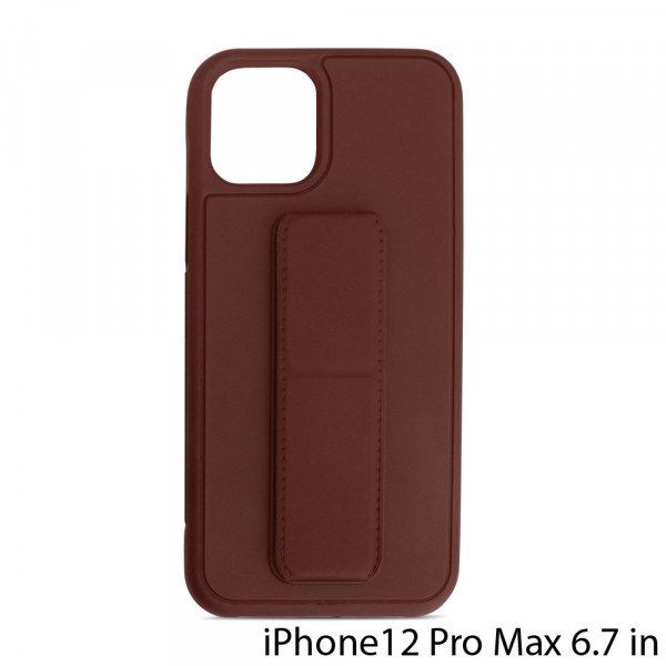 Wholesale PU Leather Hand Grip Kickstand Case with Metal Plate for iPhone 12 Pro Max 6.7 inch (Brown)